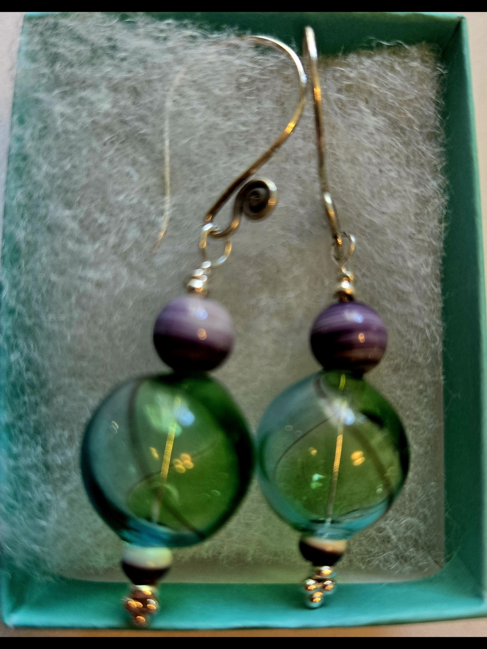 Seafoam & Green Handblown Glass Beads and Wampum Bead Dangle Earrings STERLING